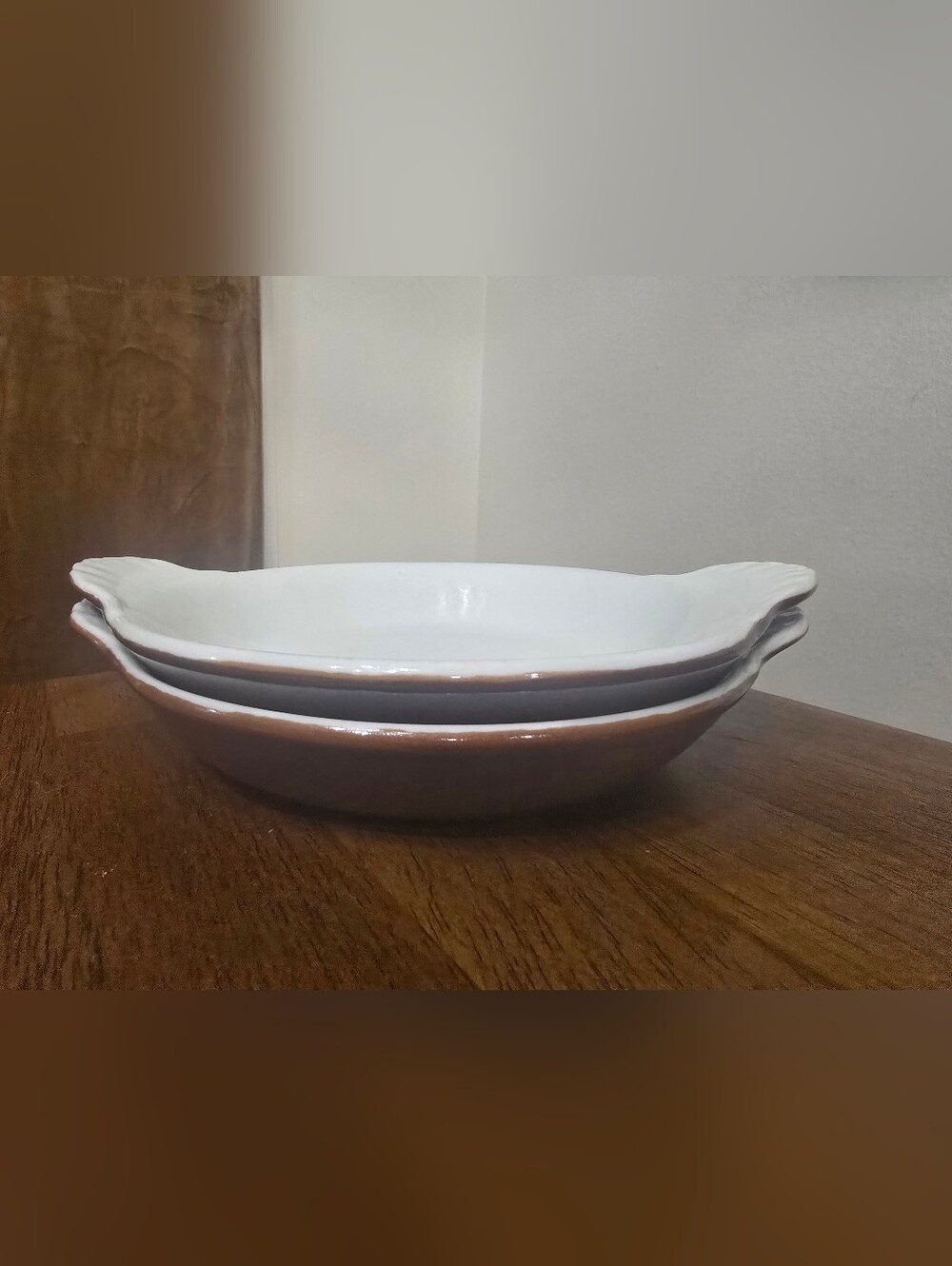 Set of 2 VTG Hall China 433 Oval Scalloped Baker Dishes Brown White Diner Crocks